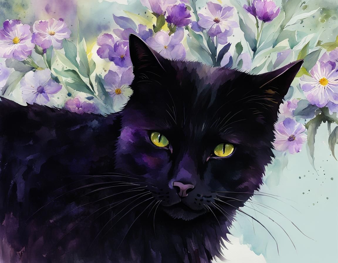 Black Cat in Watercolor Floral Garden