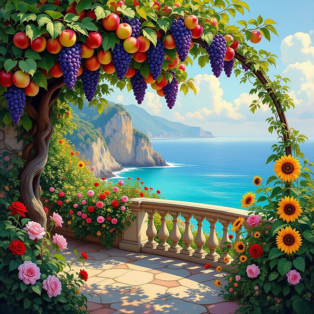 Fruit Tree in Lush Garden: A Pre-Raphaelite Vision