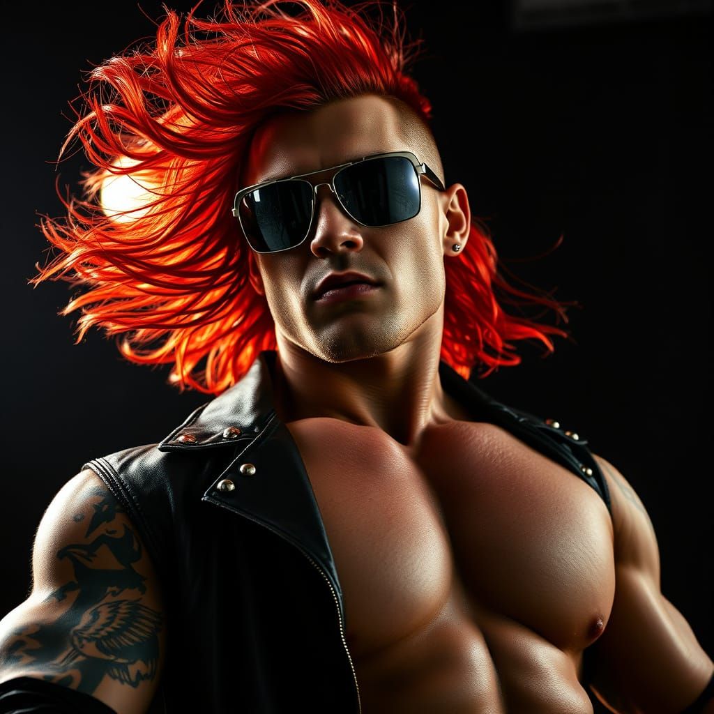Tattooed Wrestler in Silver Sunglasses and Leather Jacket