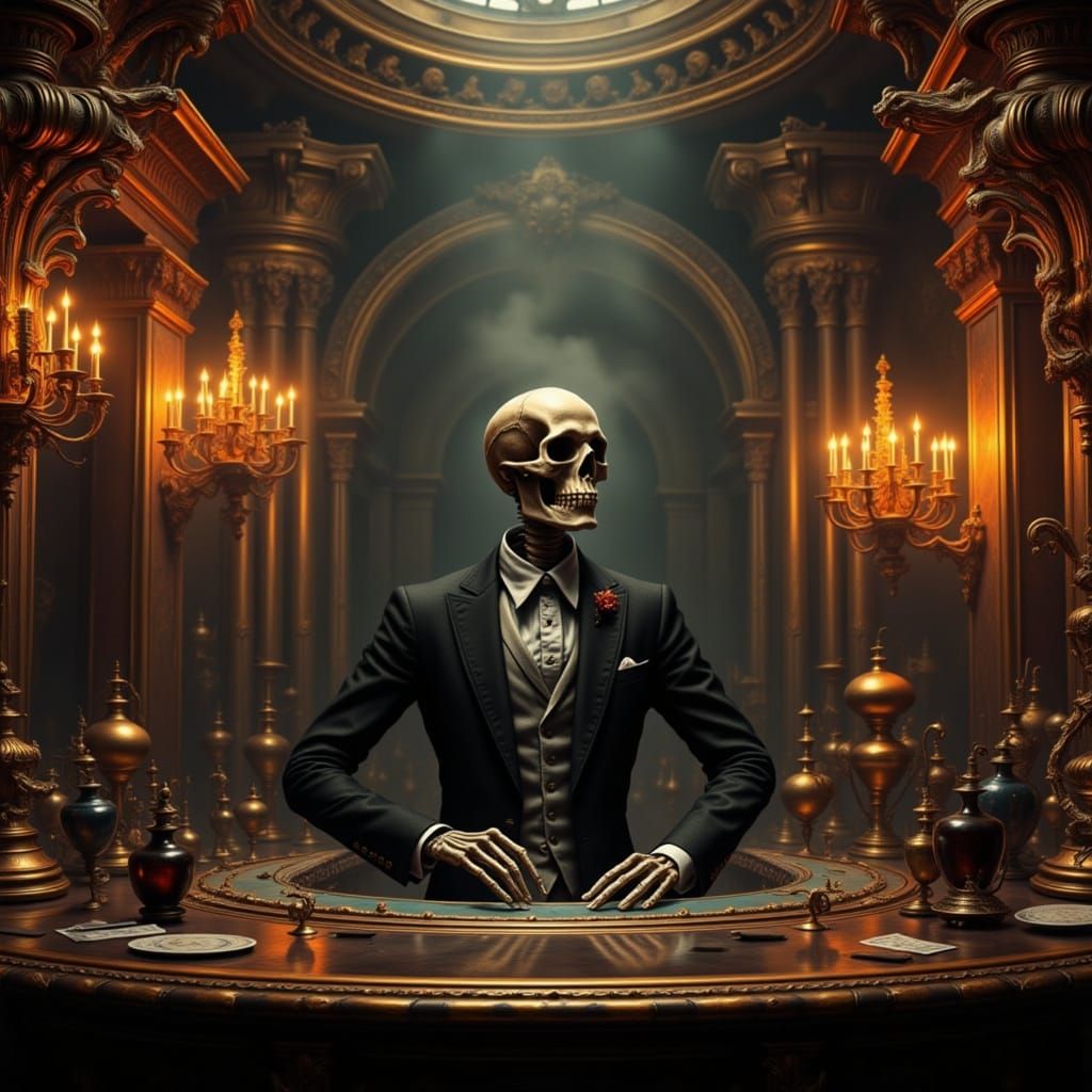 Skeleton Bartender in Lavish Ballroom, Dark Art Style