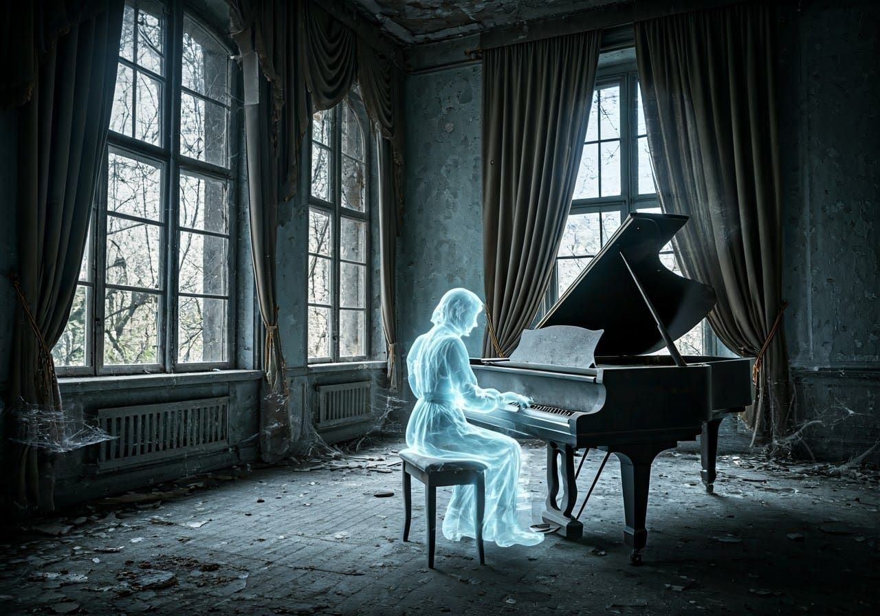Ethereal Ghost Pianist in Abandoned Mansion