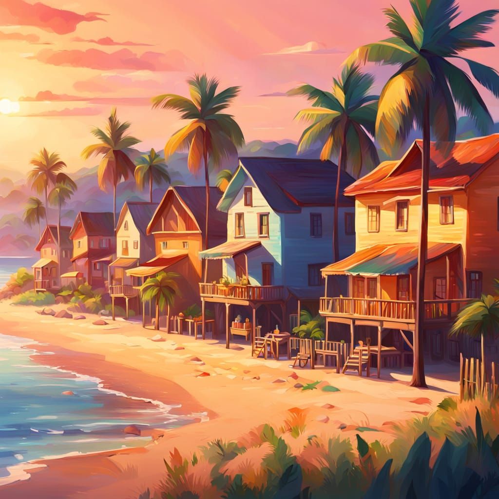 Idyllic Seaside Village in Impressionistic Sunlight