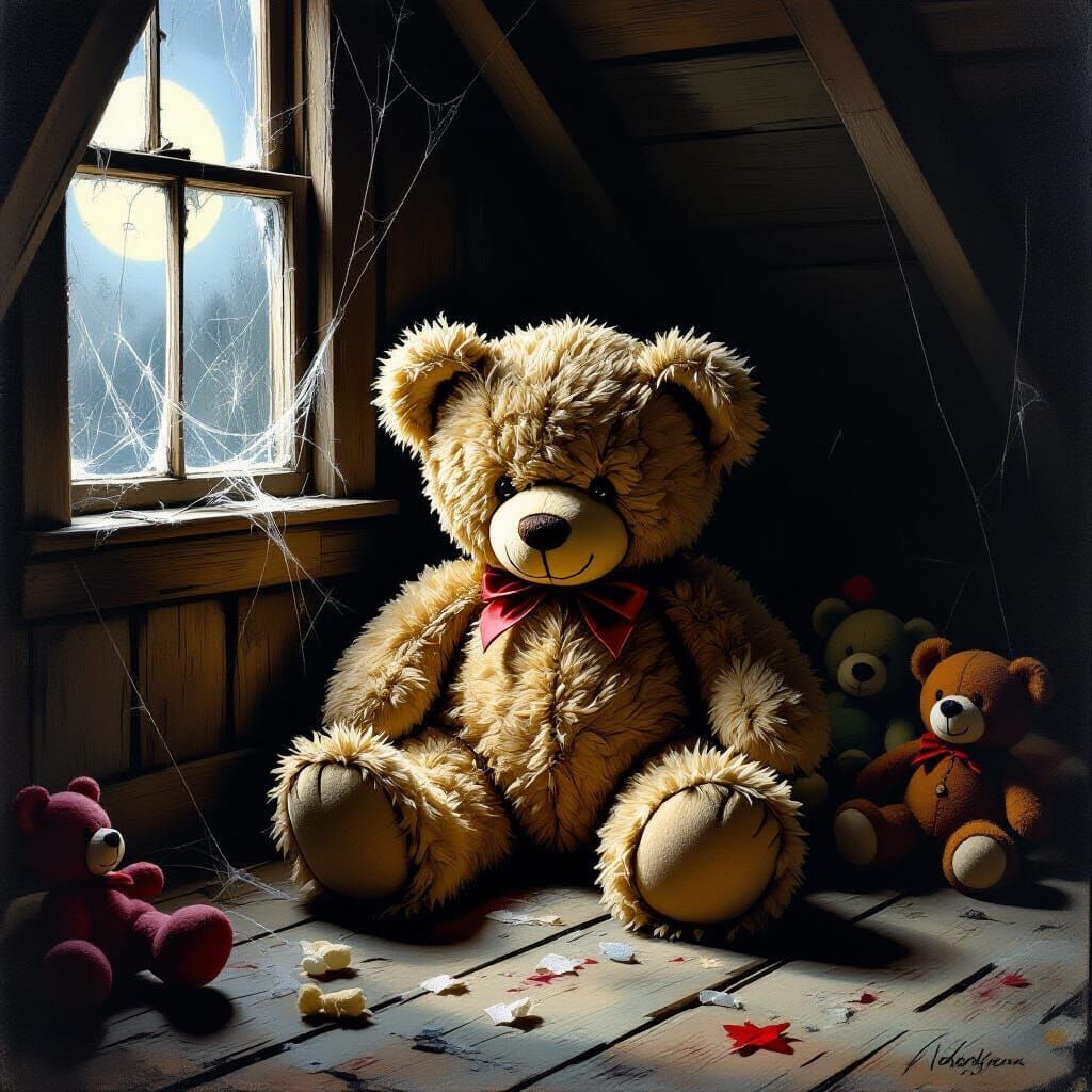 Tattered Teddy Bear in Eerie Moonlight Oil Painting