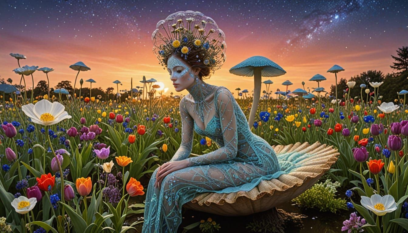 Cosmic Woman with Floral Elements and Birds