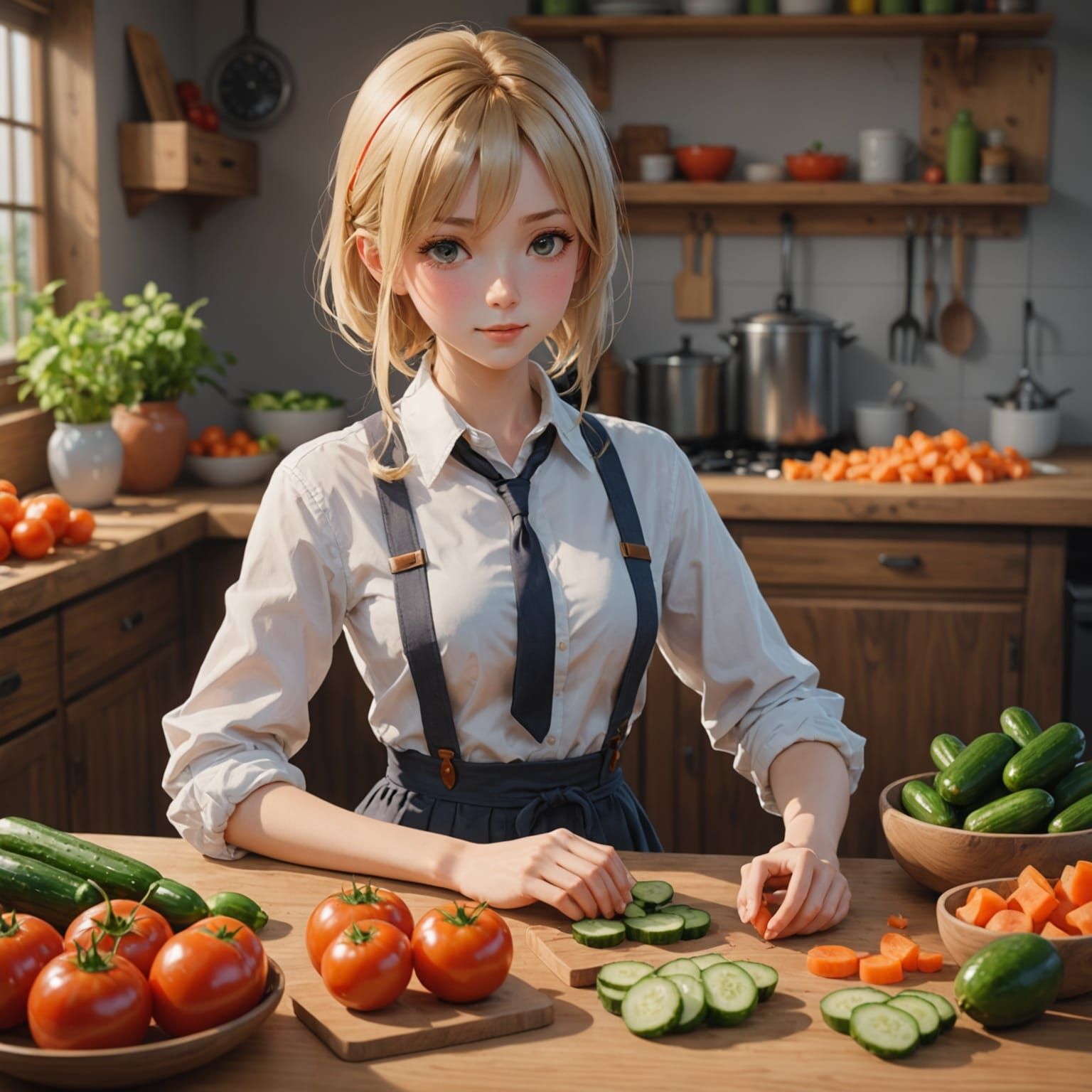 Beautiful Anime Girl Prepares a Fresh Salad in a Cozy Kitche...