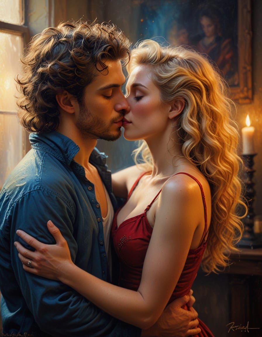 Warm Golden Embrace in Intimate Oil Painting