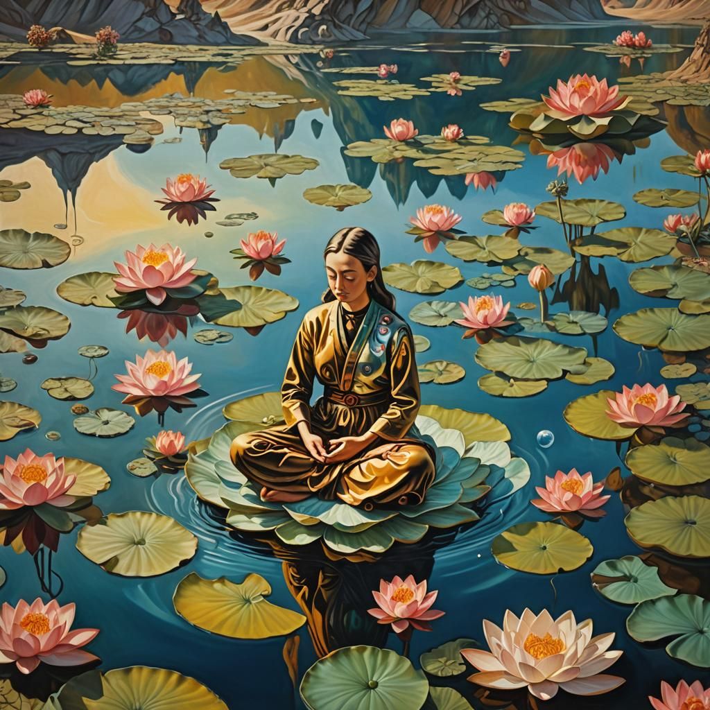 Alien Meditating in Surreal Dreamscape Oil Painting