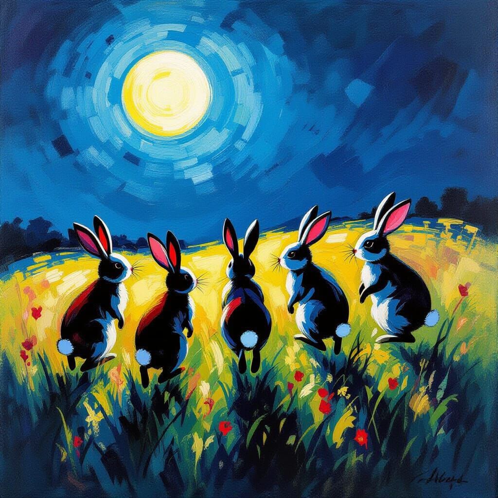 Five Rabbits in Moonlit Field, Abstract Art Style