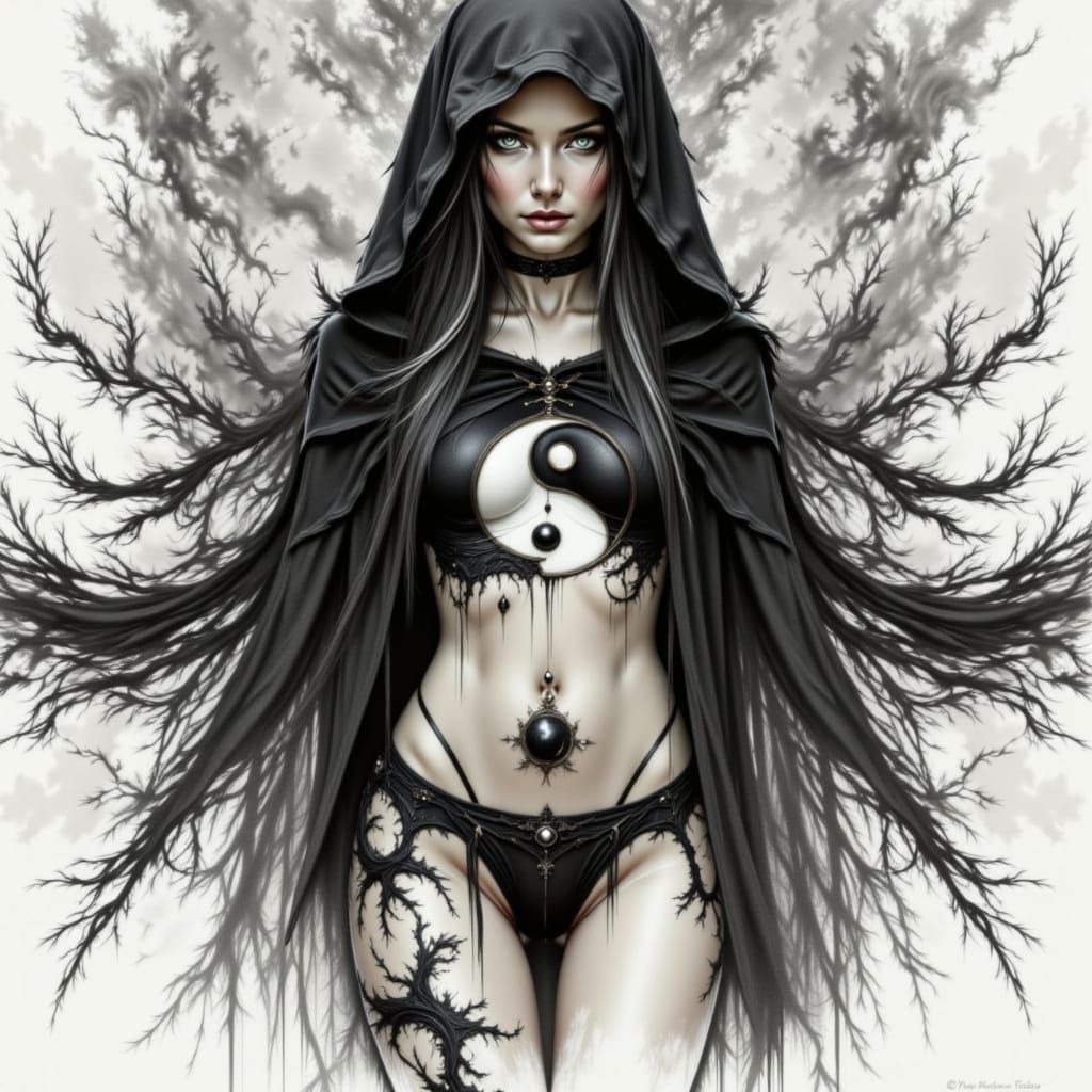 Mystical Witch Maiden in Charcoal Drawing Style