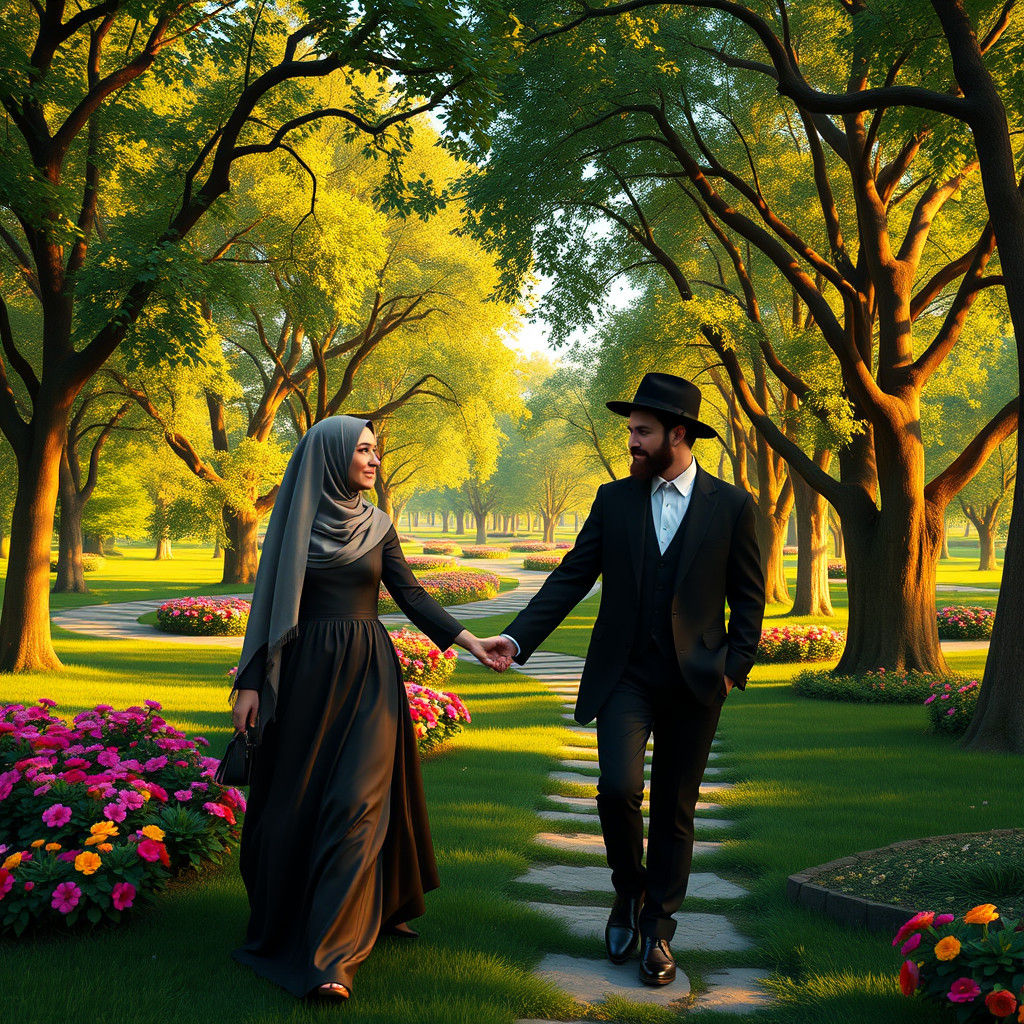 Romantic Stroll: Hasidic Couple in Lush Park
