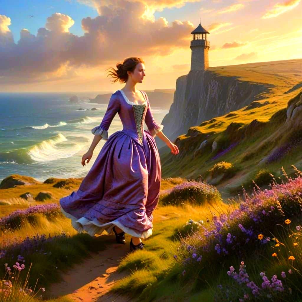 Joyful Woman in 18th Century Gown in English Countryside