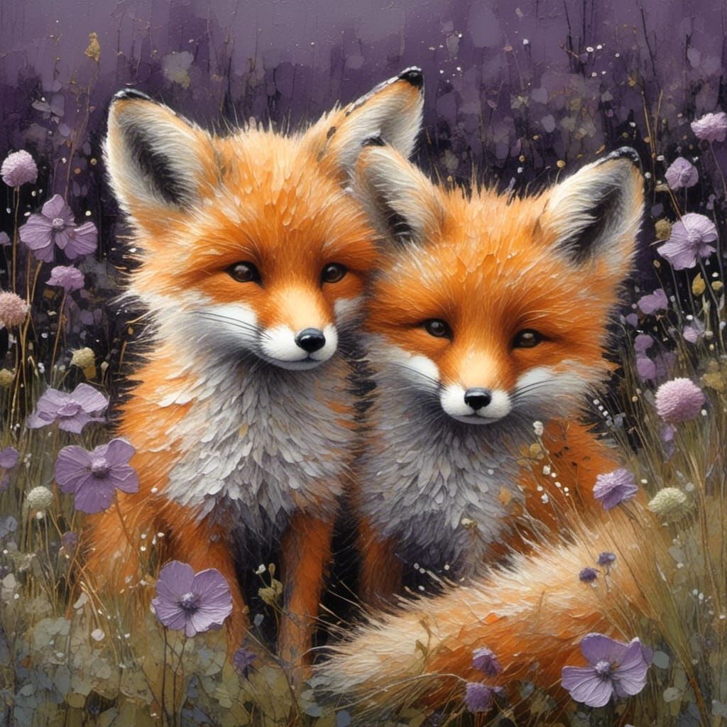 Curious Baby Foxes in Violet Evening Light