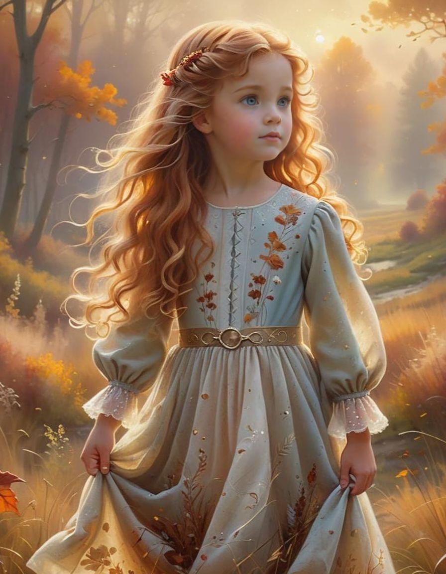 Little Girl in a Whimsical Autumn Landscape