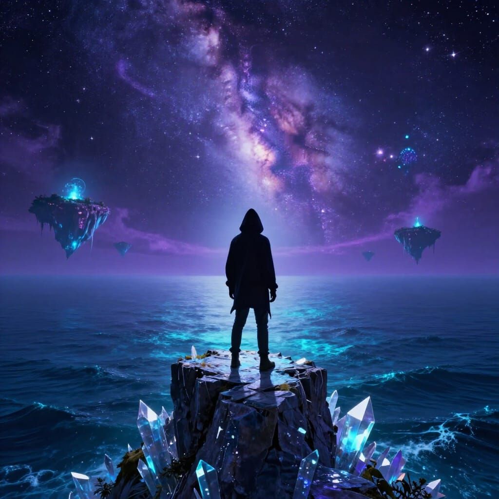 Hooded Figure on Crystal Cliff Overlooking Star Ocean