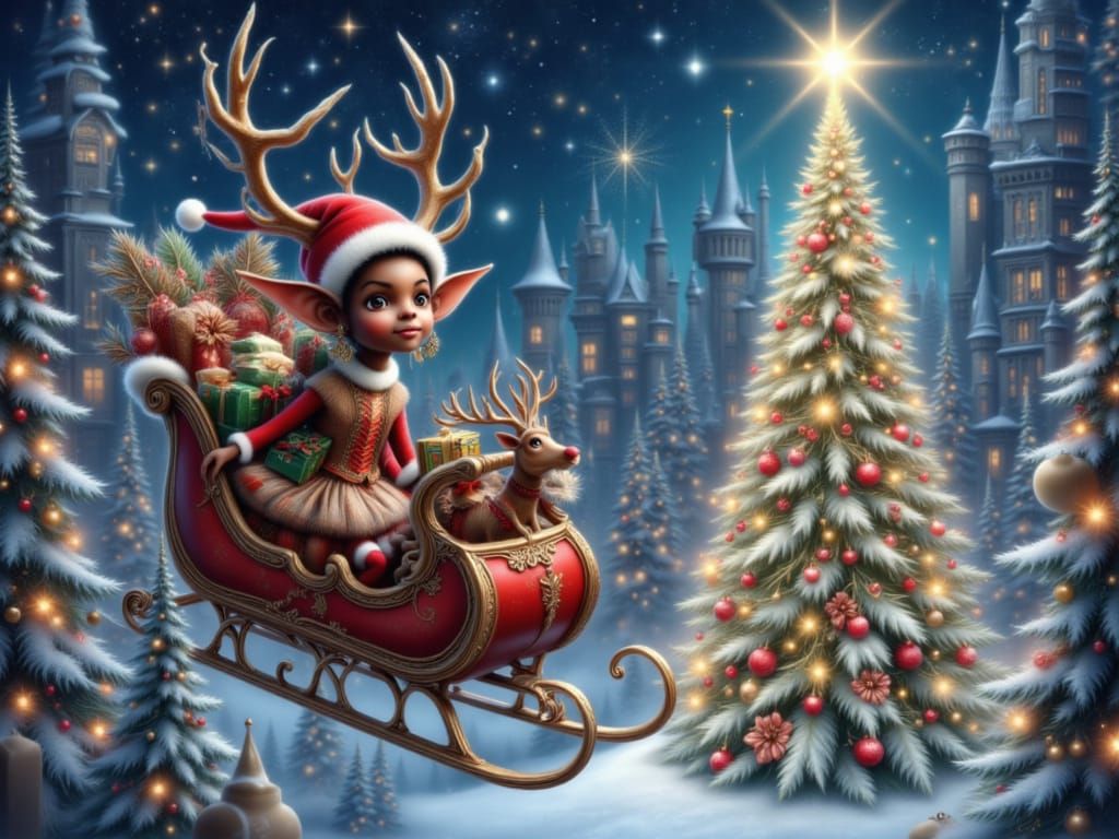 African Elves Marvel at Magical Cityscape Christmas Tree