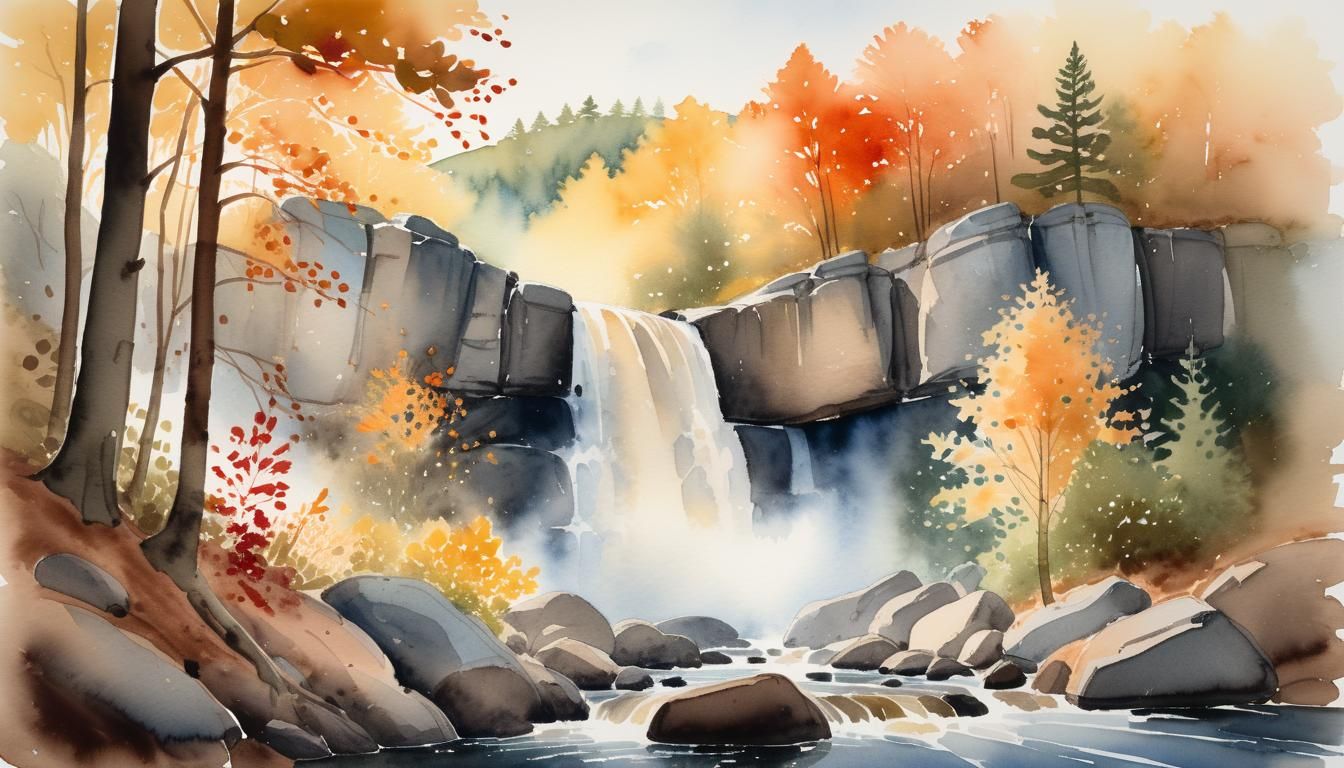Watercolor Waterfall in Autumn Forest