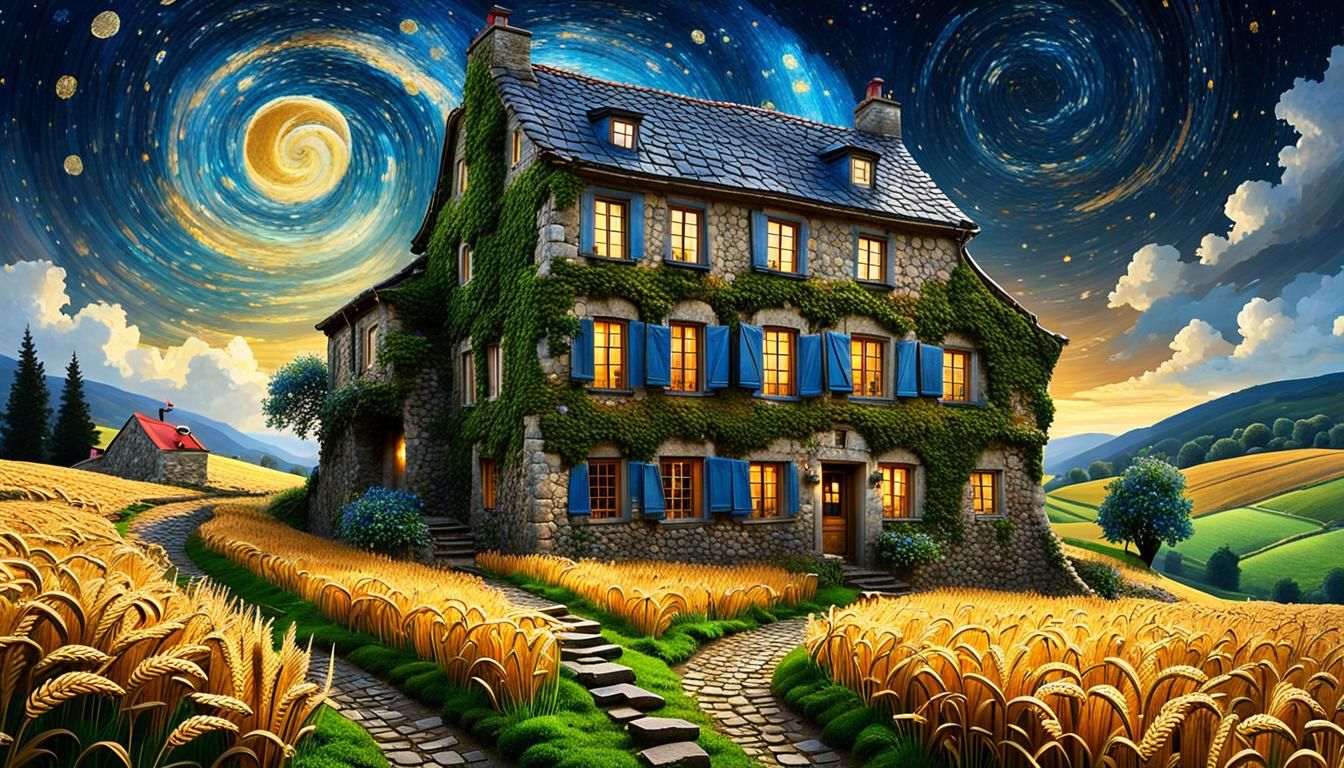 Whimsical Starry Night Landscape in Folk Art Style