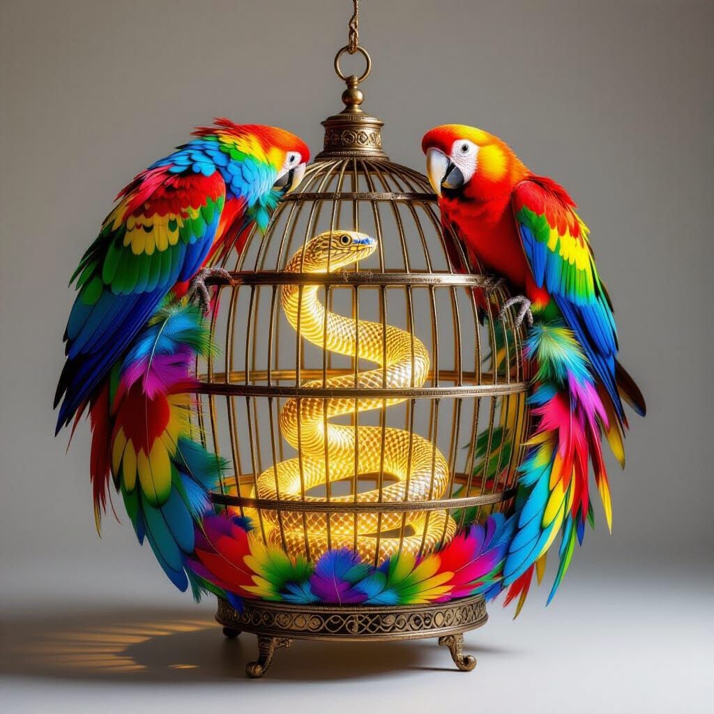 Golden Serpent in Vibrant Parrot Feather Birdcage