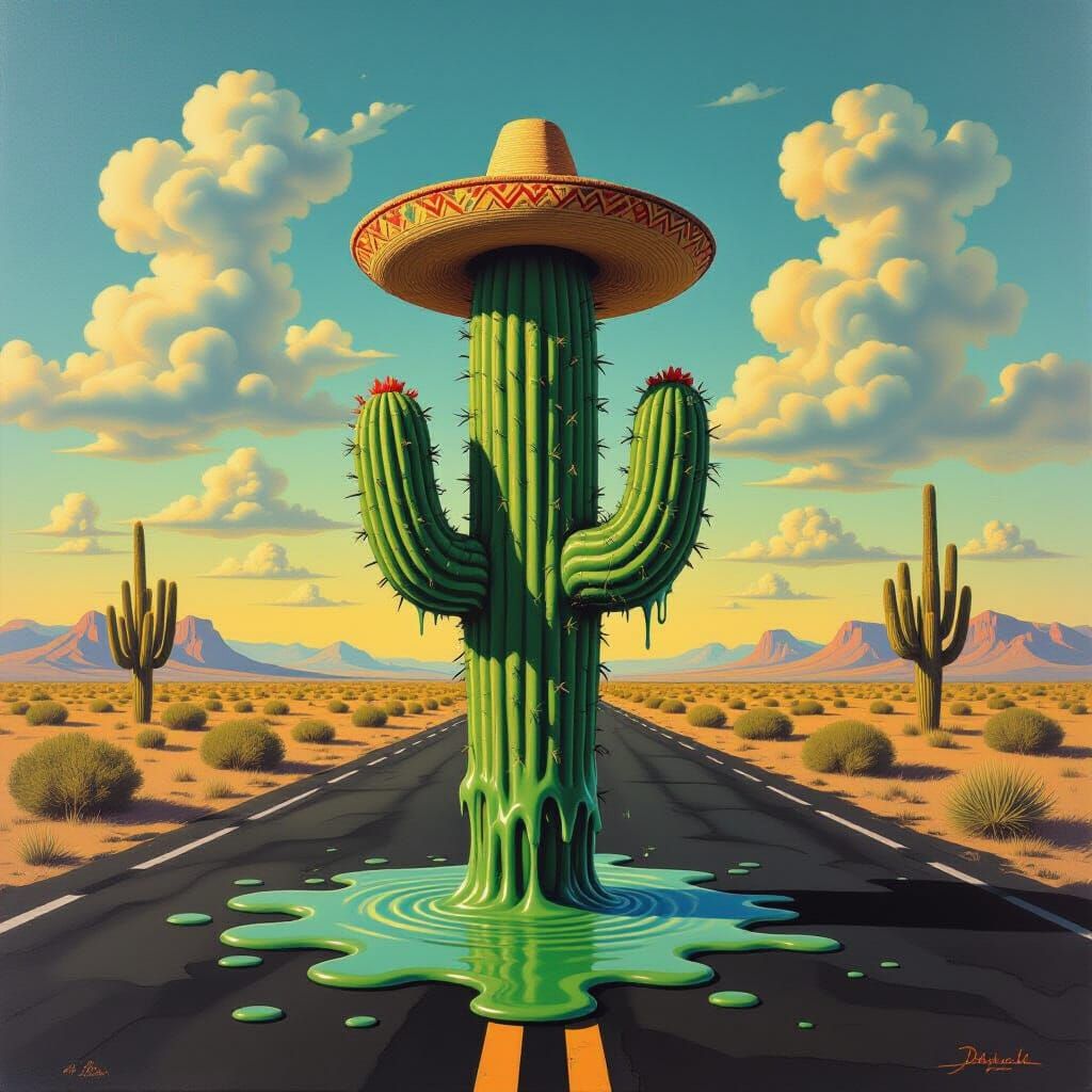 Melting Cactus Sombrero in Surrealist Desert Landscape
