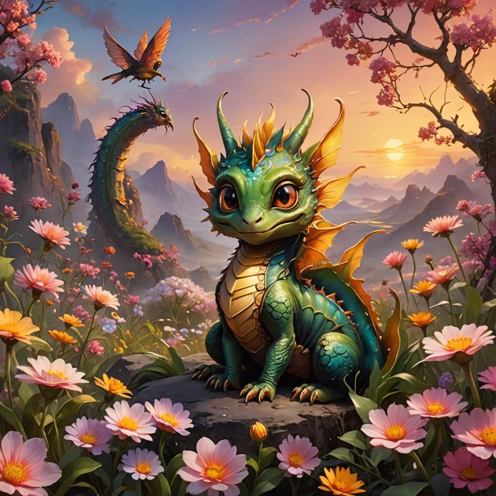 Alien Baby Dragon in Vibrant Landscape, Digital Painting
