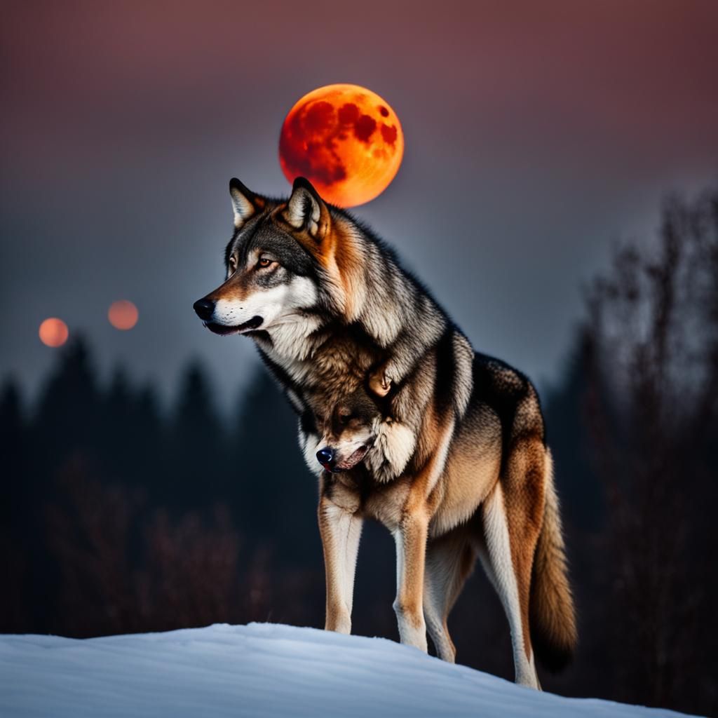 Wolf Gazing at a Blood Moon in Sharp Focus
