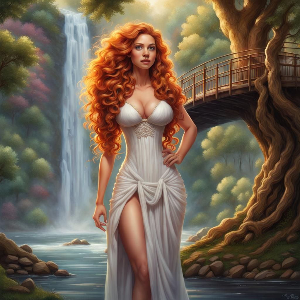 Rapunzel-esque Woman Showering Under Waterfall in Hyperreali...