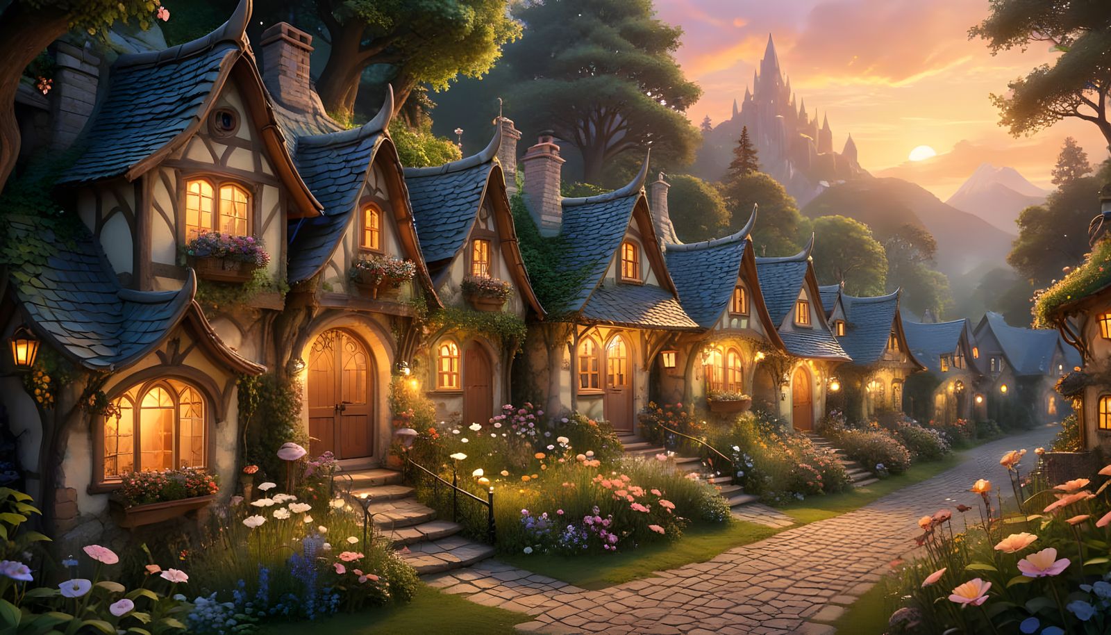 Whimsical Elven Row Houses in Watercolor-Inspired Fantasy Ar...