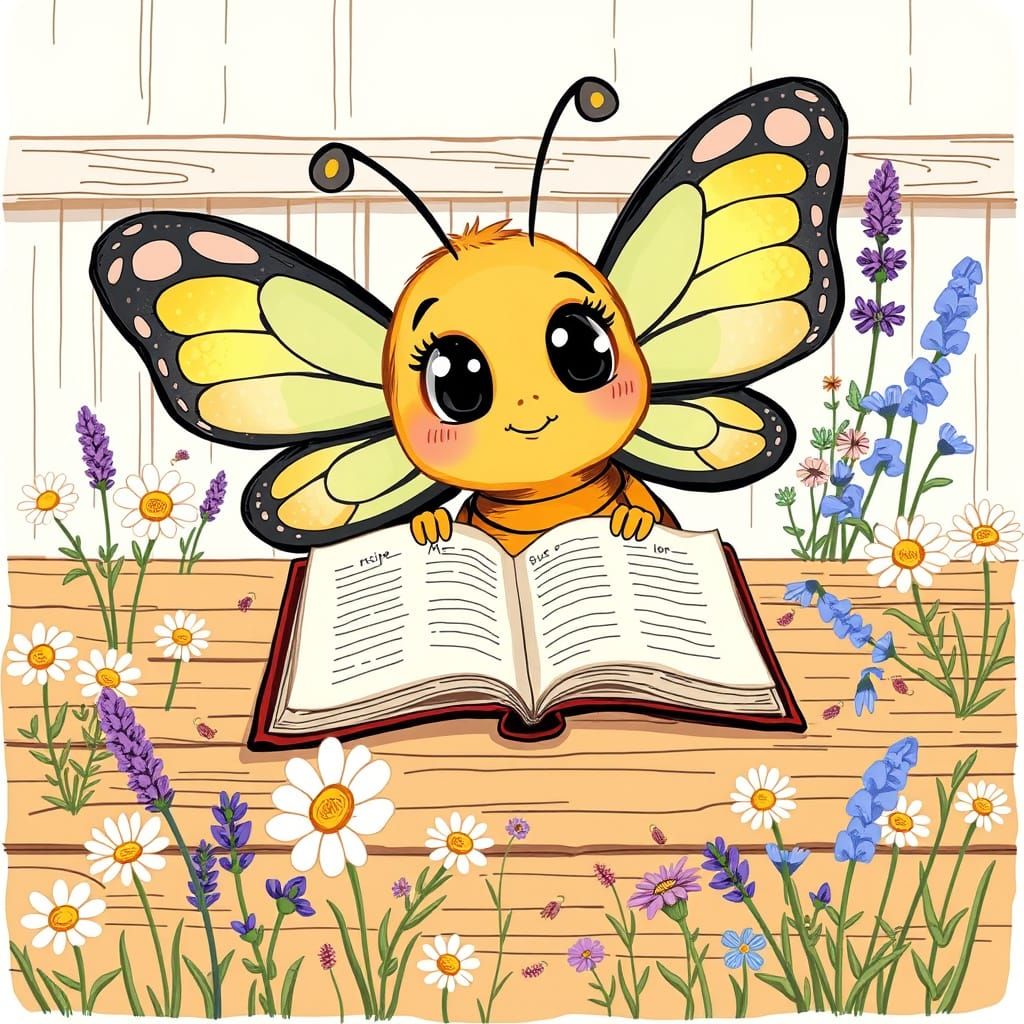 Cartoon Butterfly with Cookbook in Whimsical Illustration
