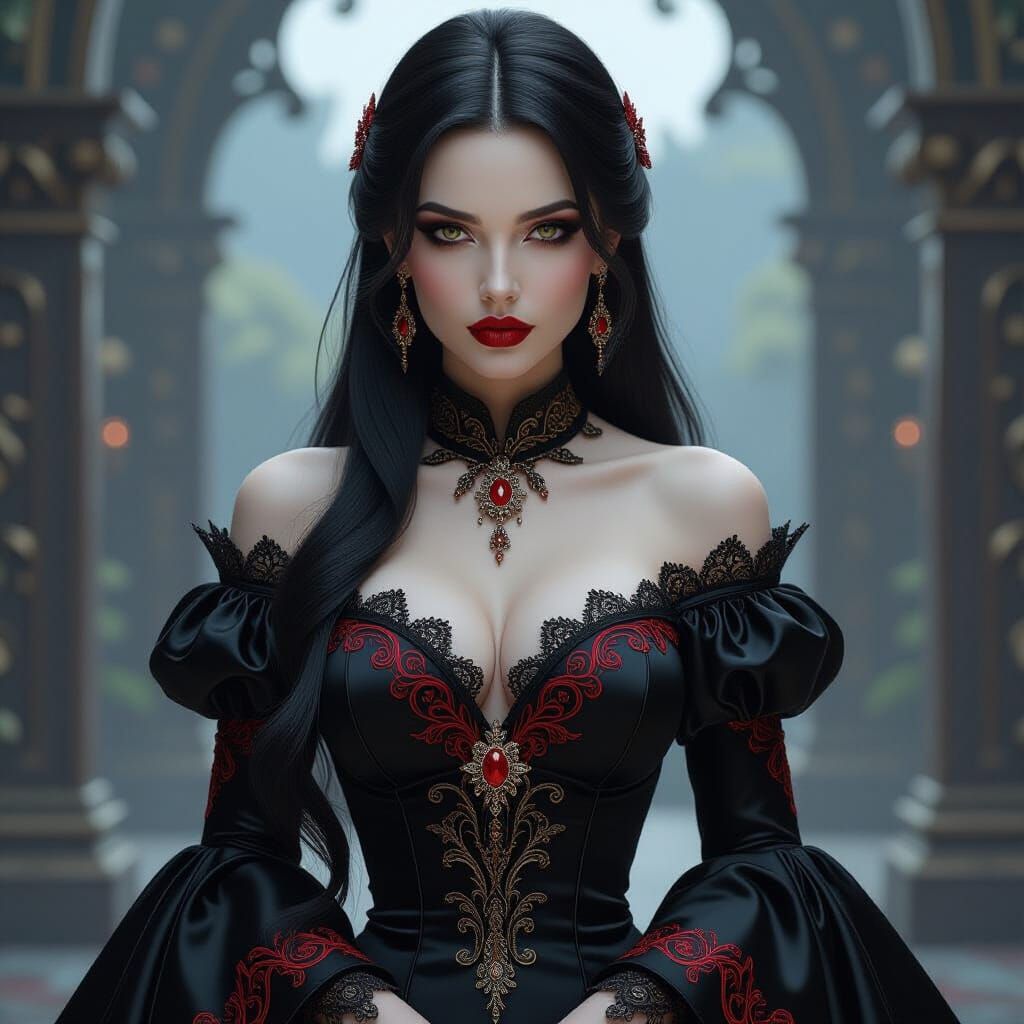 Gothic Woman in Black Satin Gown - Matte Painting