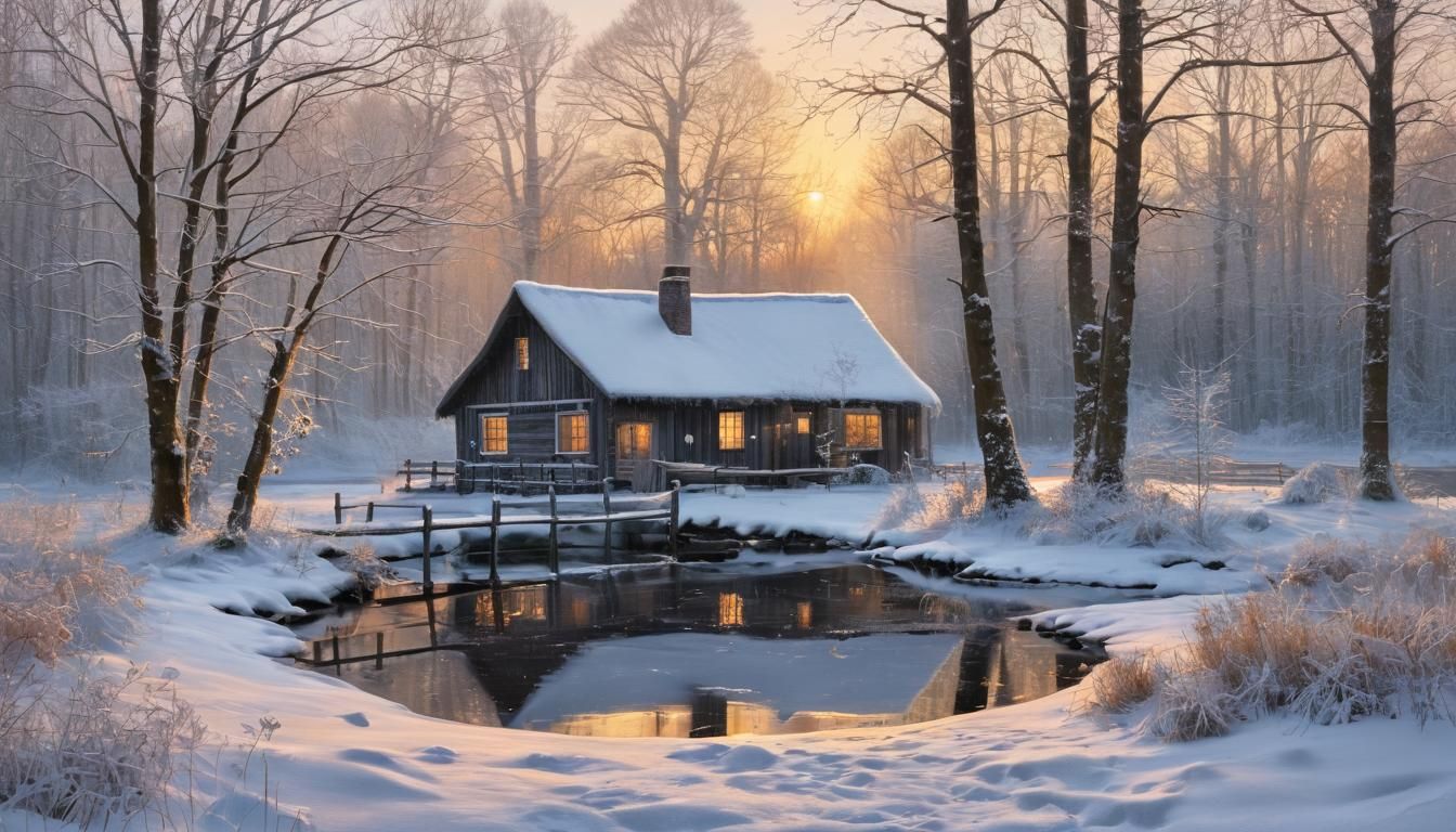 Winter Landscape Painting with Cabin at Sunset