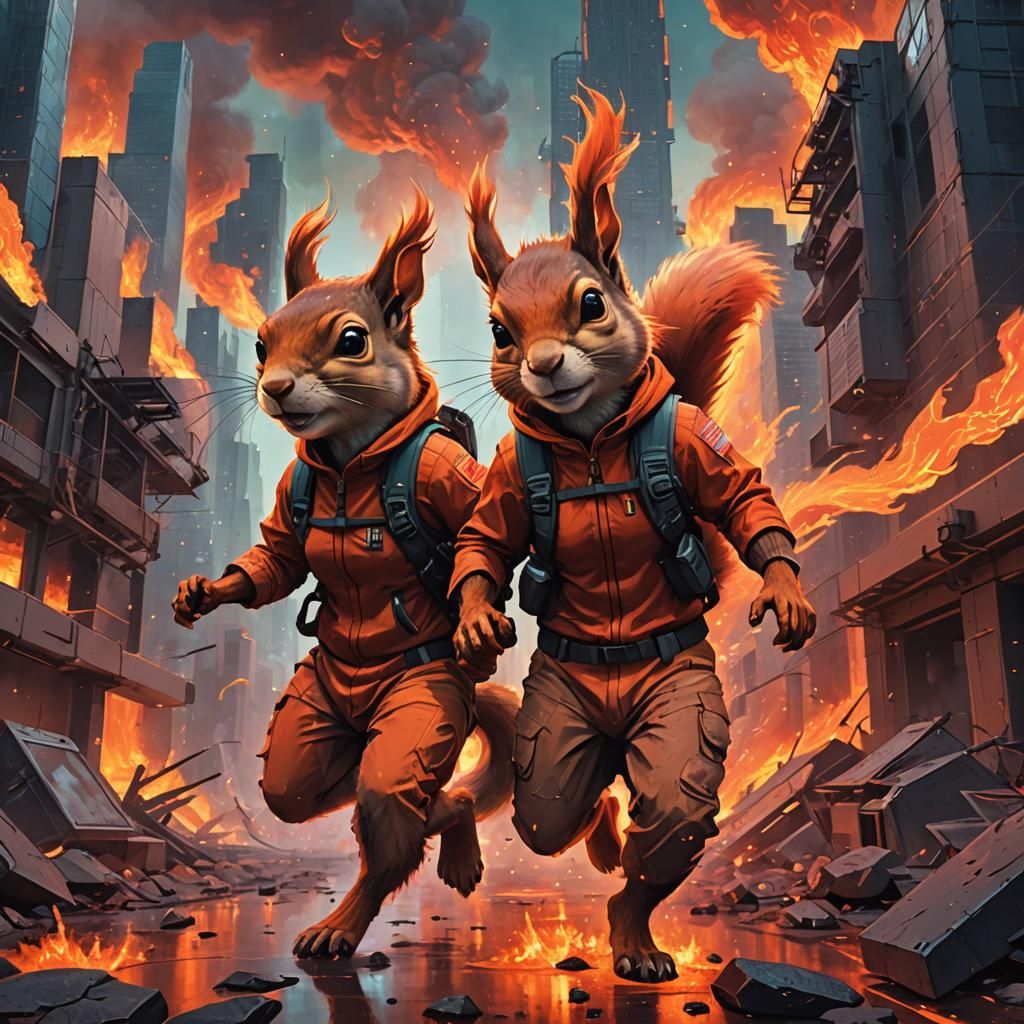 Apocalyptic Escape: Anthro Squirrels in Burning City