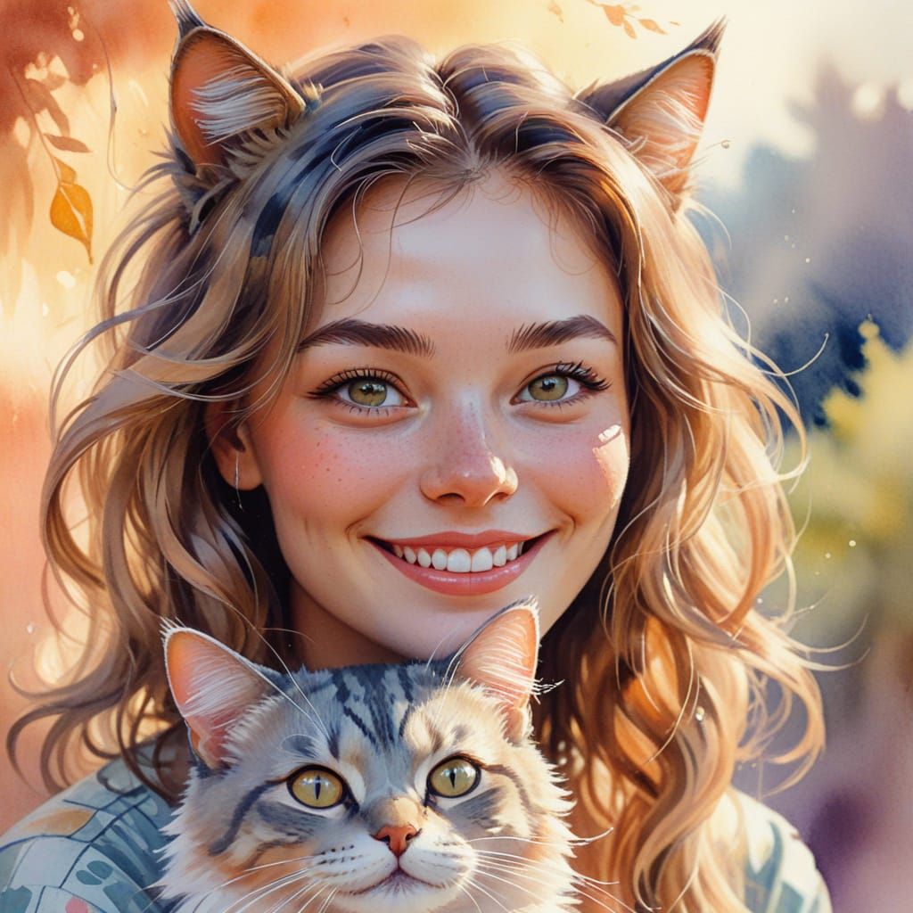Smiling Cat Girl Watercolor Portrait
