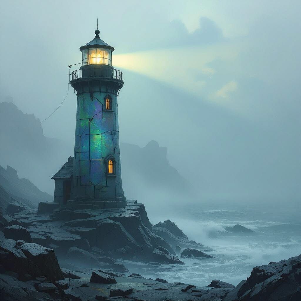 Iridescent Lighthouse on Crystalline Shore: Dark Fantasy