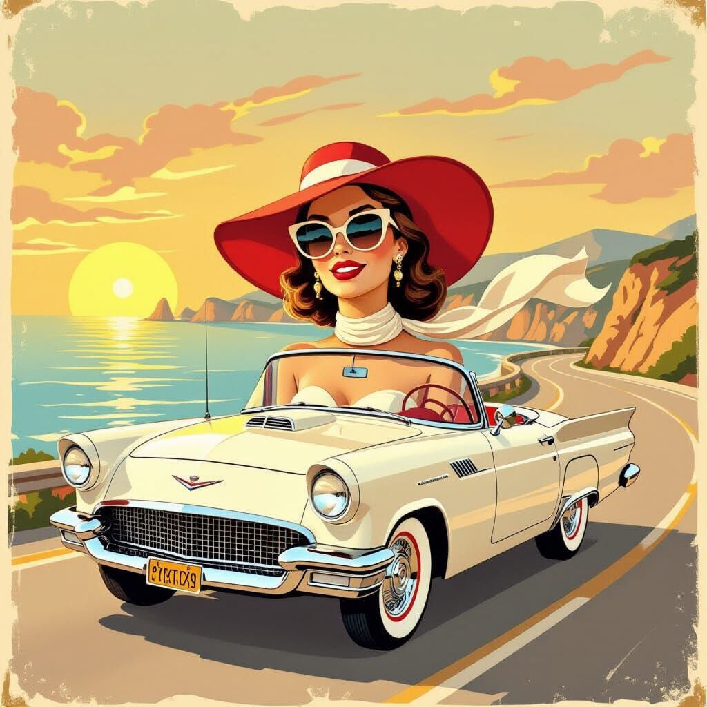 Glamorous Woman Driving Convertible: Vintage 1950s Illustrat...