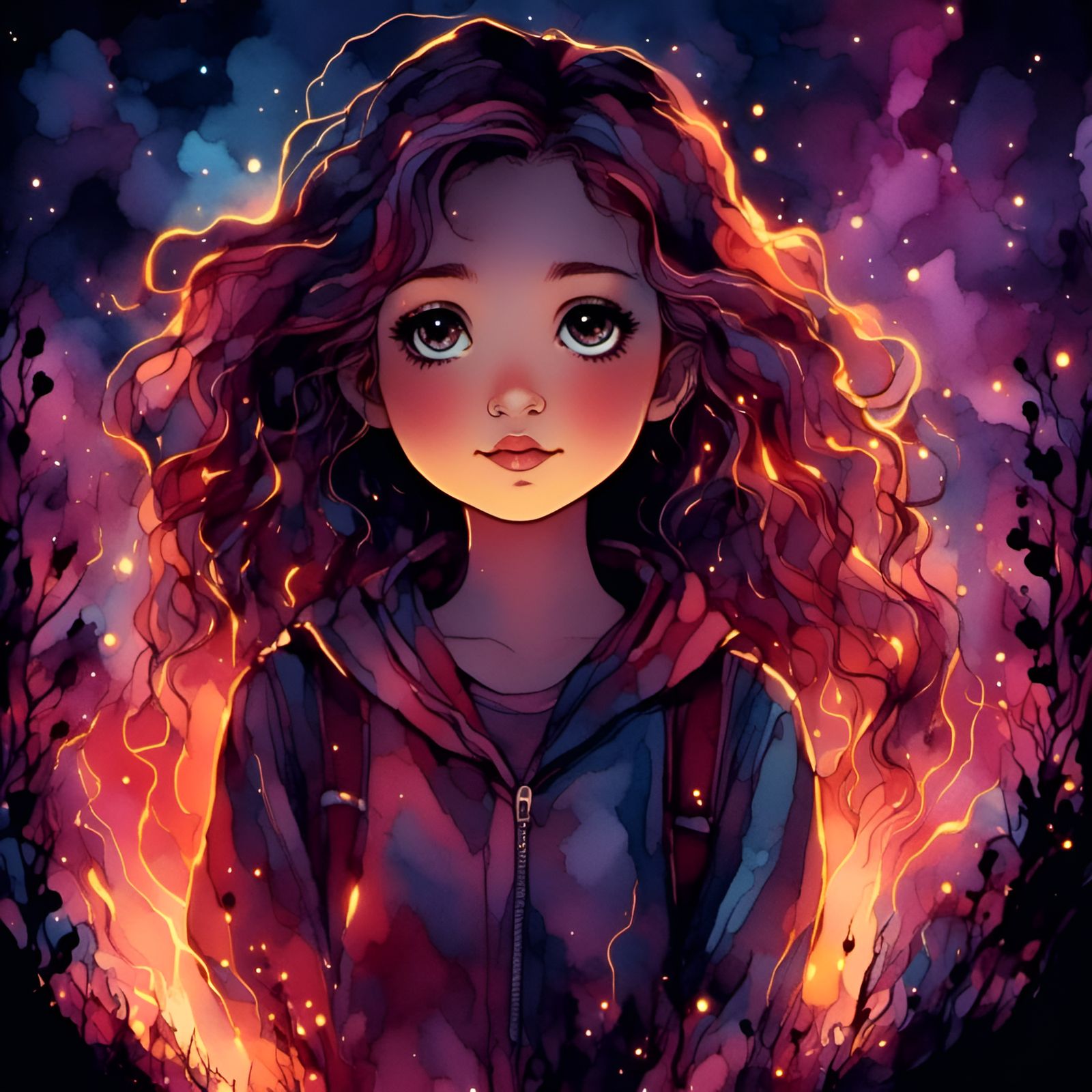 Cute Girl in Digital Watercolor with Glowing Ink