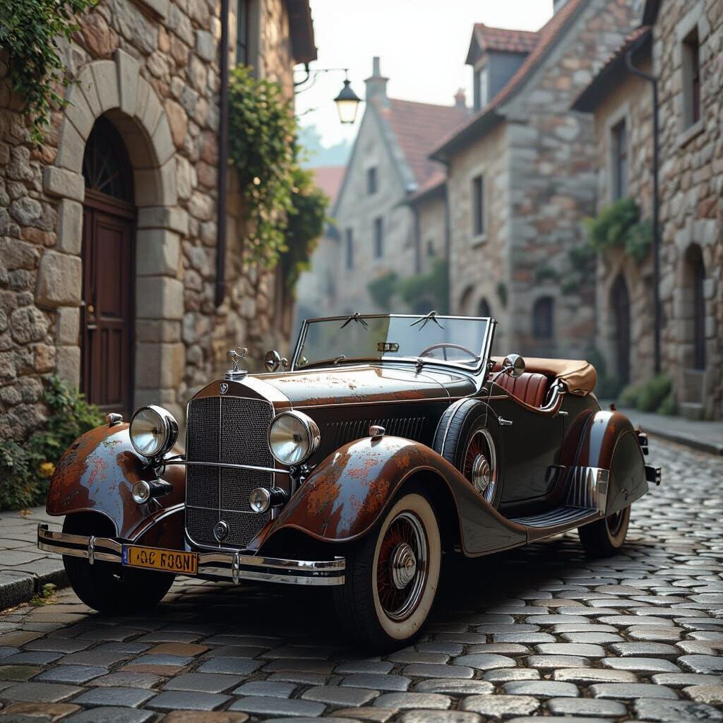 Vintage Car on Cobblestone Street, Photorealistic Style