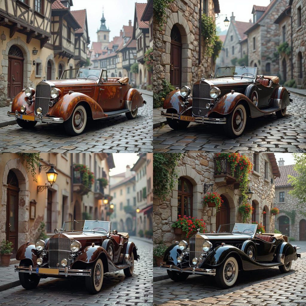 Vintage Car on Cobblestone Street: Photorealistic Image