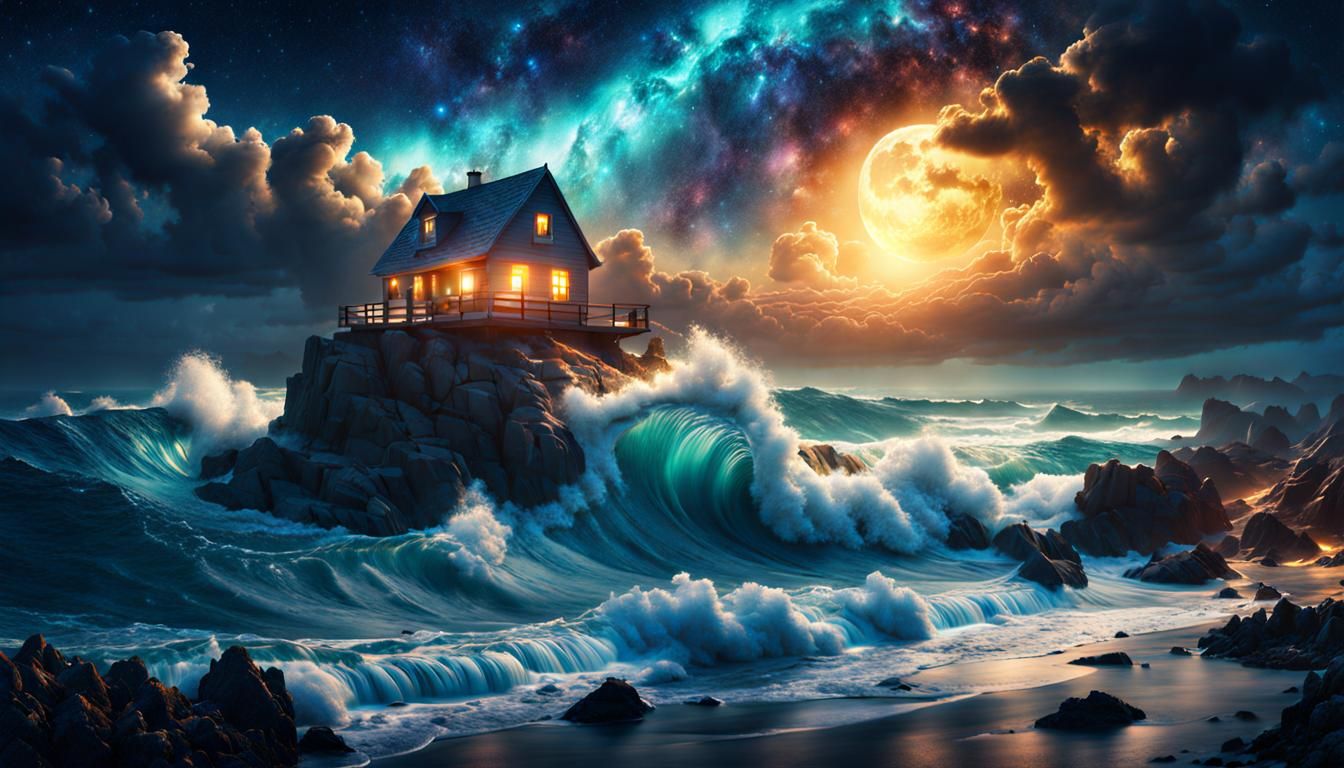 Village Under Galaxy Starry Night by Stormy Ocean