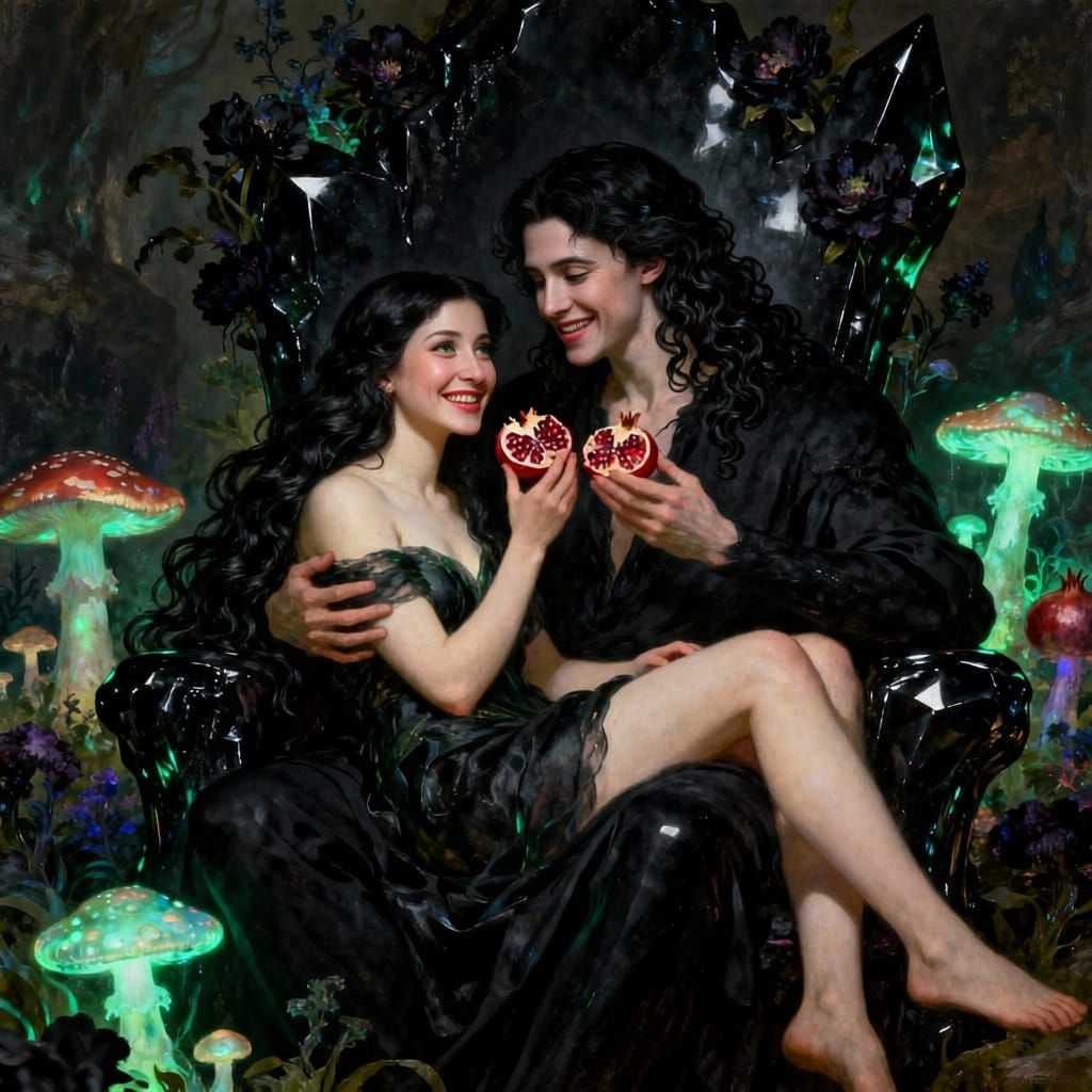 Persephone and Hades Embrace in a Mythological Scene