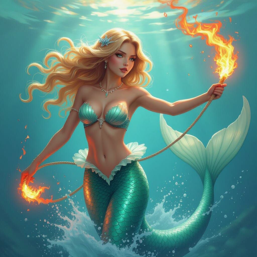 Mermaid with Flaming Whip in Retro Sci-Fi Style
