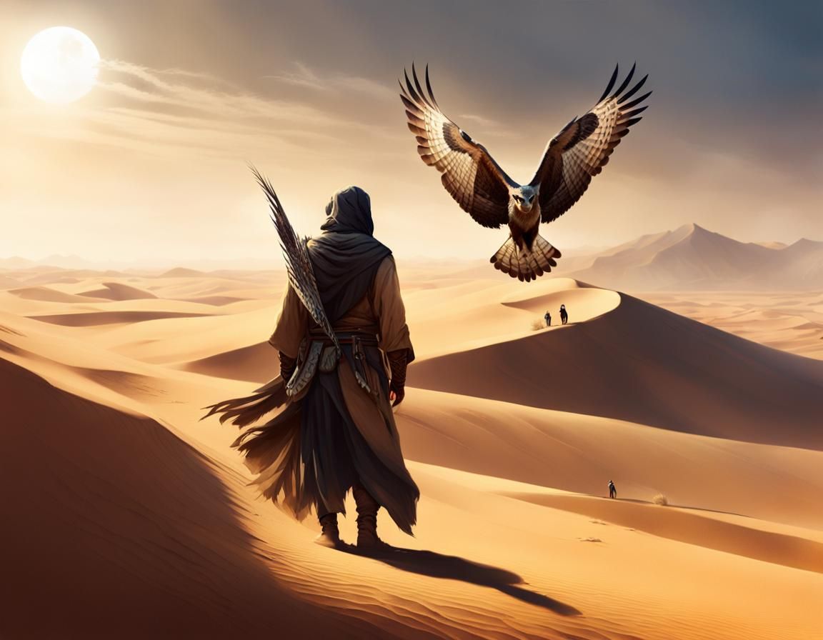 Desert Nomad and Falcon in Dark Fantasy Style