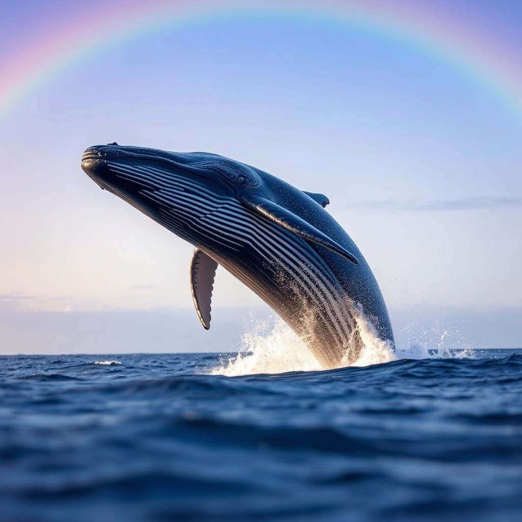 Majestic Blue Whale Rainbow Splash: Wildlife Photography