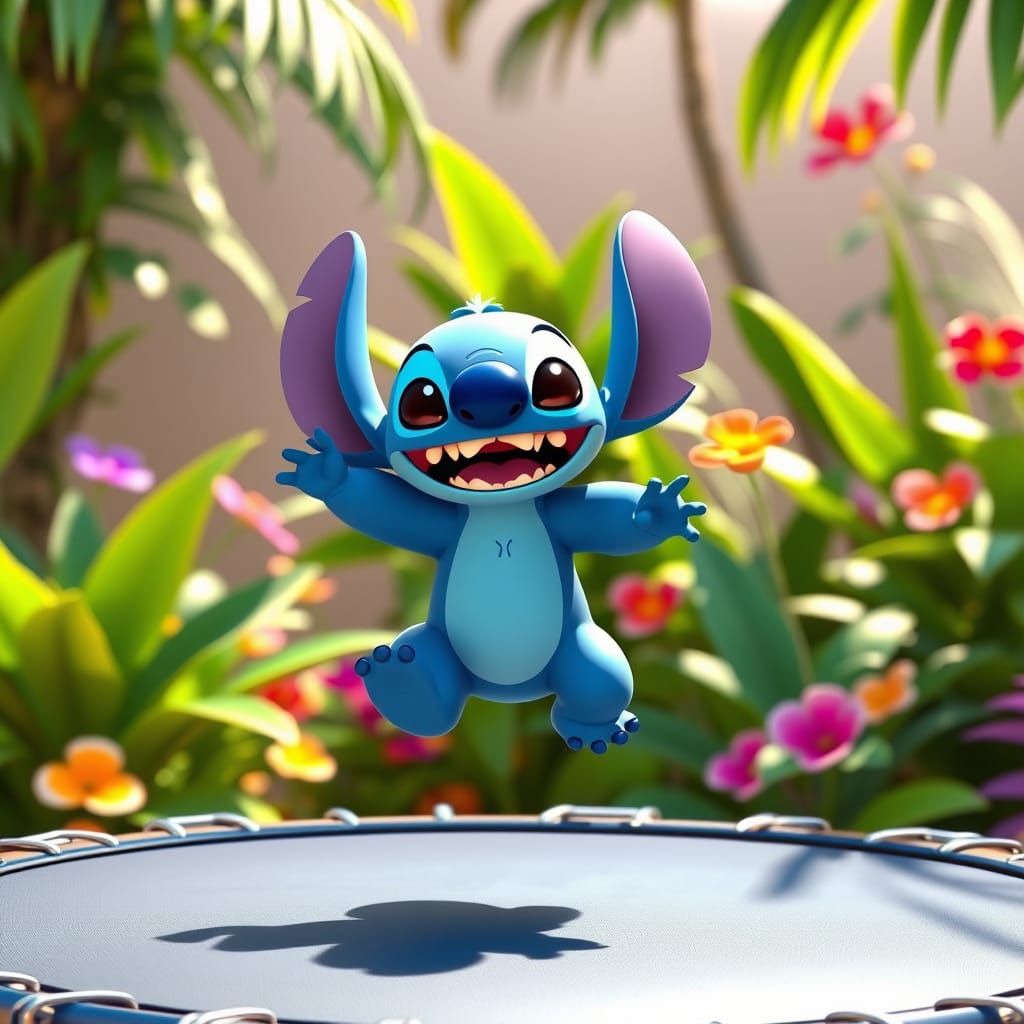 Stitch Jumps Joyfully on Trampoline in Tropical Garden