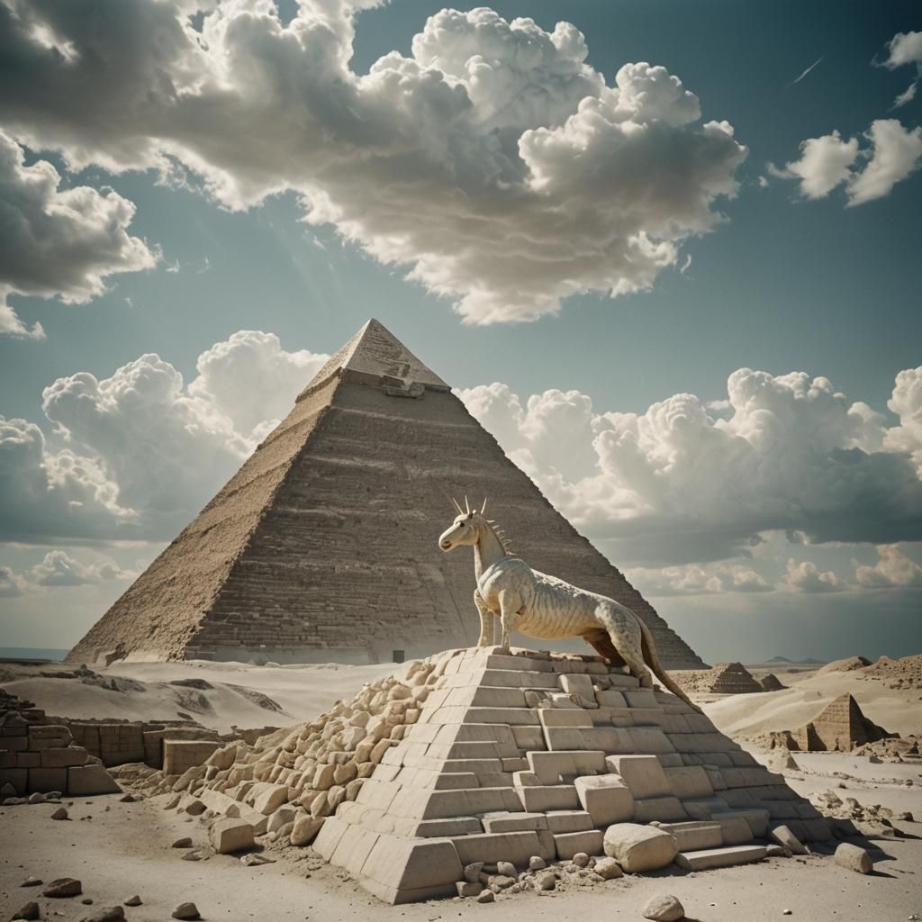 Unicorn Under Glass Pyramid in Golden Light