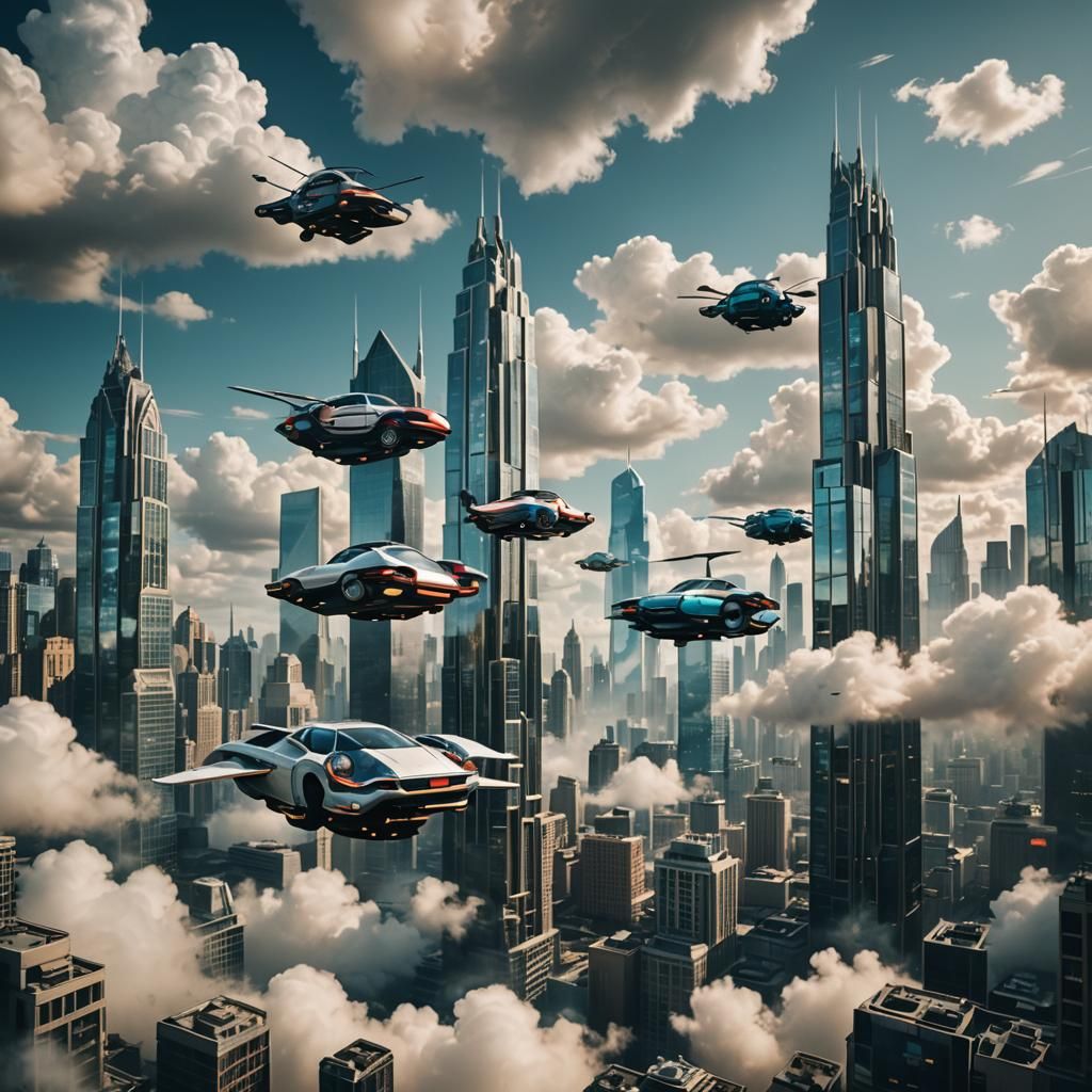 Futuristic Cloud Cityscape with Flying Cars