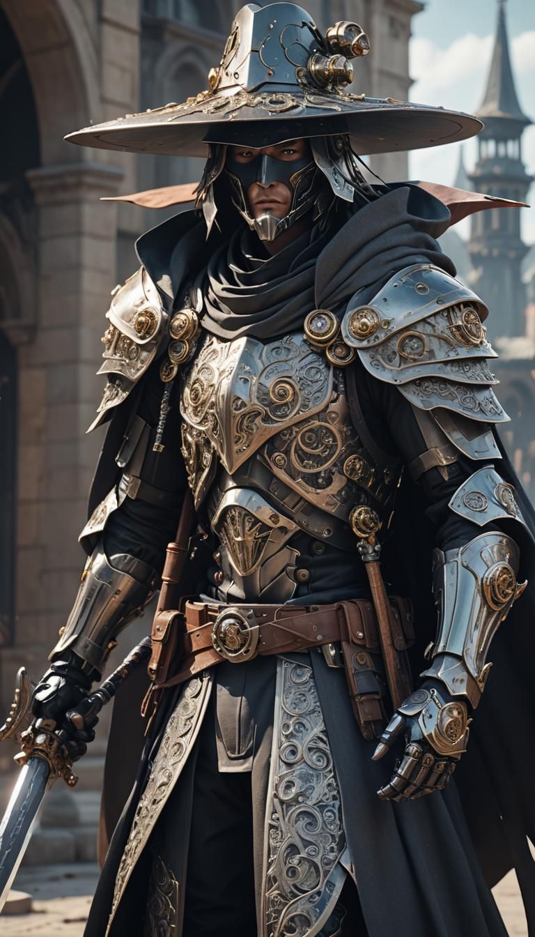 Futuristic Robotic Swordsman with Cloak in Sci-Fi Style