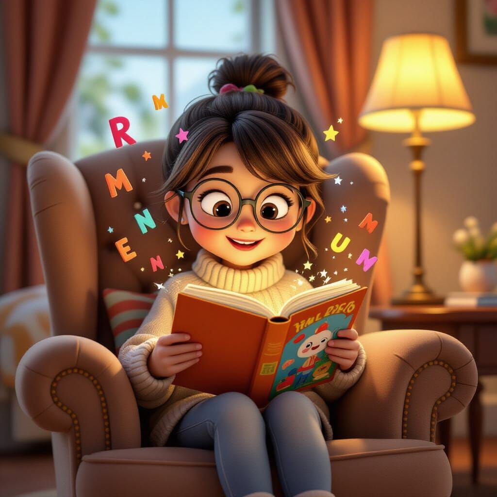 Girl Reading Book with Jumping Letters, Pixar-style