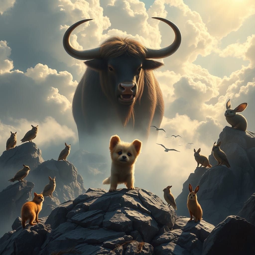 Mythical Mountain Showdown: Tiny Puppy Battles Colossal Bull...
