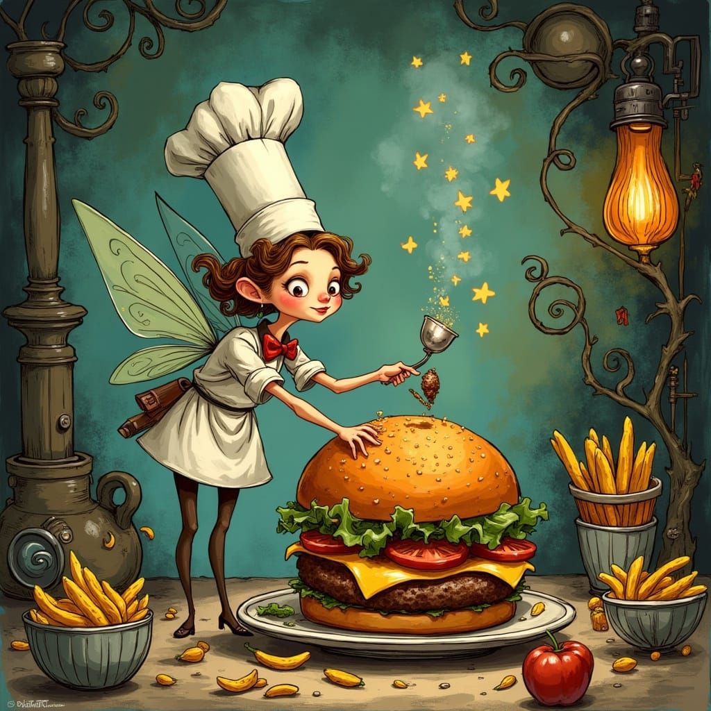 A Diminutive fairy chef Wearing a chef's hat serving up a Large And delicious looking gourmet Cheeseburger art deco Dan ...