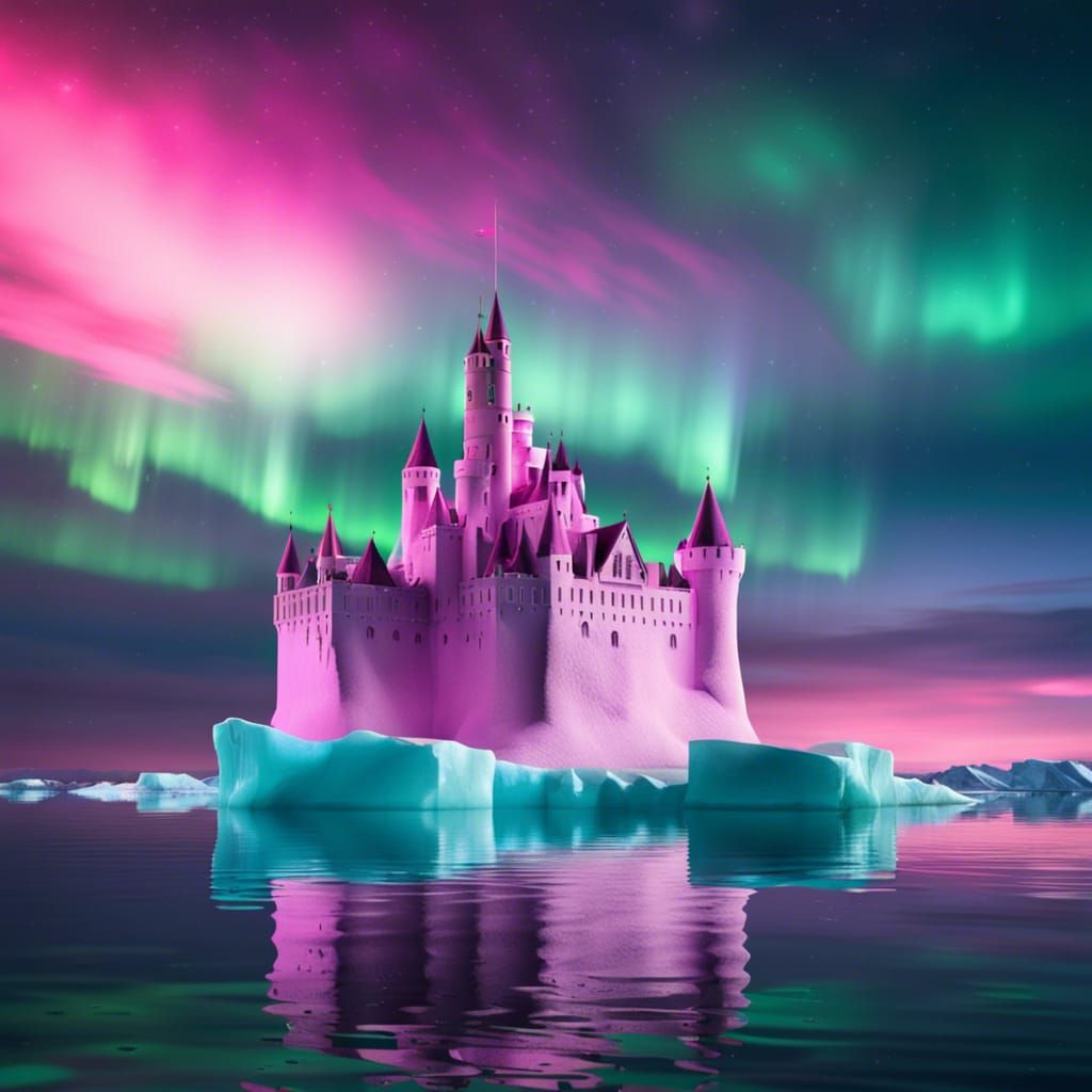 Arctic Ice Castle Under Northern Lights